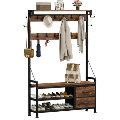 39.4” Freestanding Entryway Bench with Coat Rack, Shoe Bench and Wall Rack Combo with 21 Hooks and Drawers