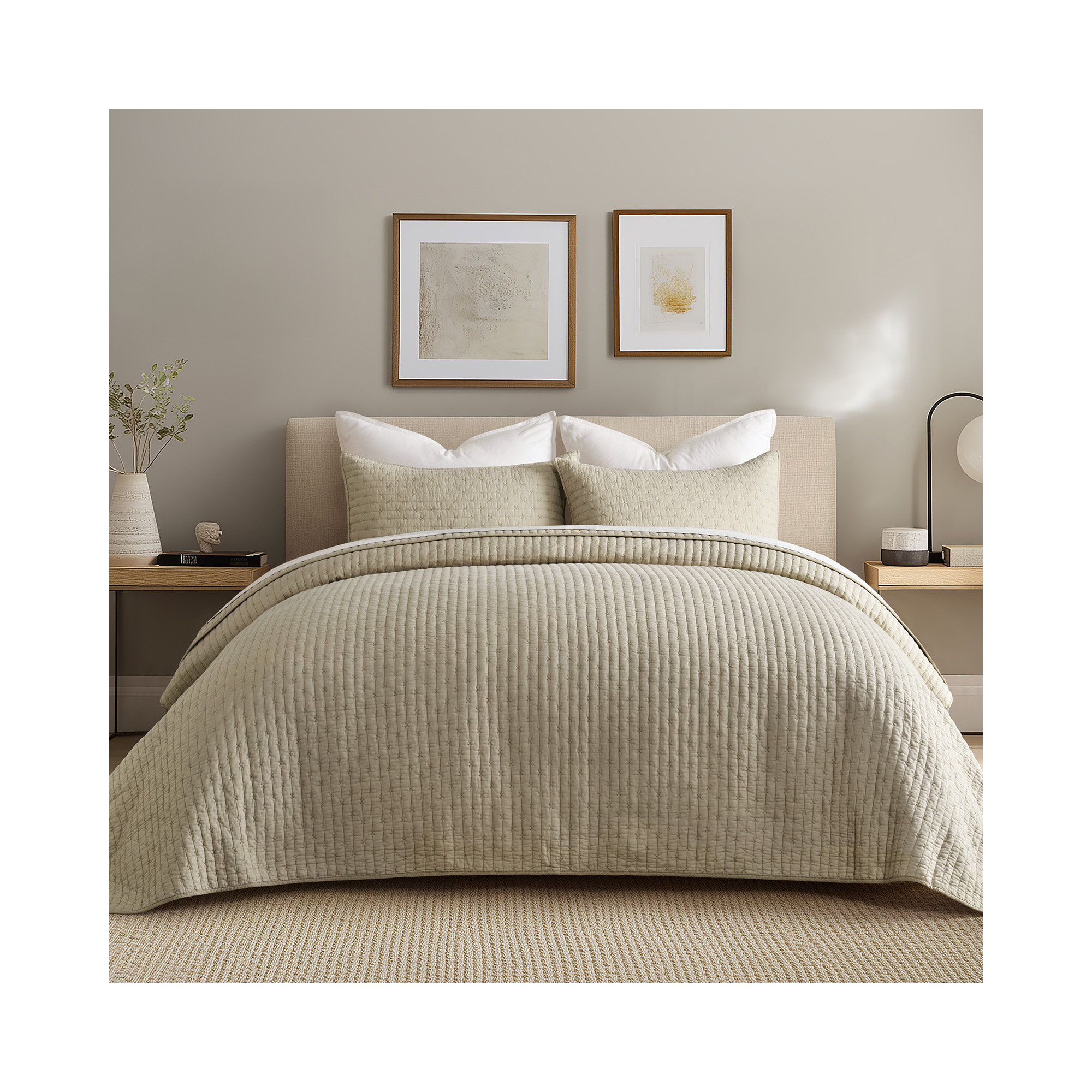 Cross Stitch Cotton Quilt set, Khaki Tan, Queen