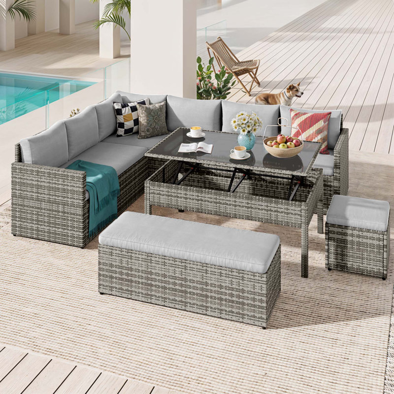  6 Pcs L-Shaped Patio Furniture Set Dining Table And Ottoman All Weather Wicker Outdoor Sectional Sofa Conversation Set