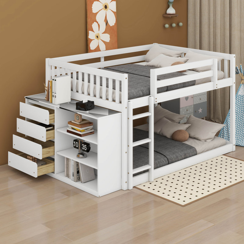 Iveigh Full Over Full Bunk Bed With Storage, Low Bunk Bed Frame With 4 Drawers And 3 Shelves, White