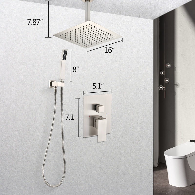 Ceiling Mounted Shower With 16" Head & Handheld - Brushed Nickel, Brass Made System, Brushed Nickel