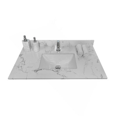 31Inch Bathroom Stone Vanity Top Engineered White Marble Color With Undermount Ceramic Sink And Single Faucet Hole With Backsplash