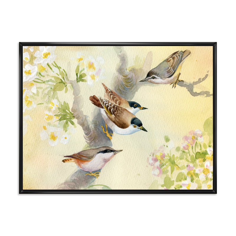 Oiseaux sur un pommier en fleurs - Peinture sur toile, H 12 po x l 20 po x p 1 po, Cadre flottant noir