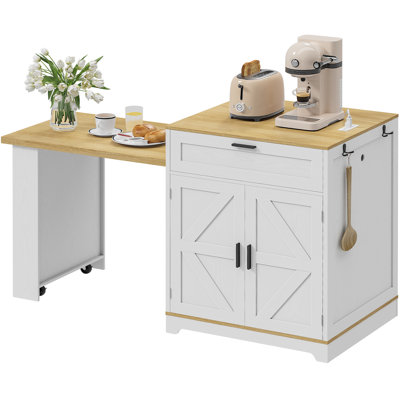 Îlot de cuisine extensible 67,7 po pour 2 à 6 personnes, table d'îlot de cuisine avec prise de courant, tiroir, rangement latéral, étagères à épices, blanc
