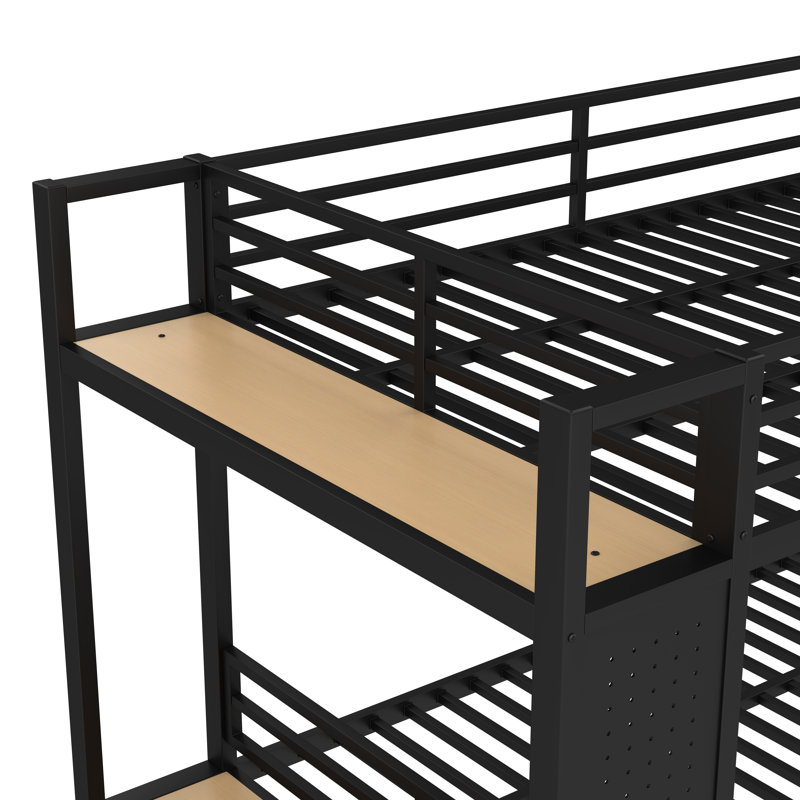 Lit superposé double au-dessus de double pour les adolescents avec tablettes de rangement, tiroirs et panneau perforé, noir