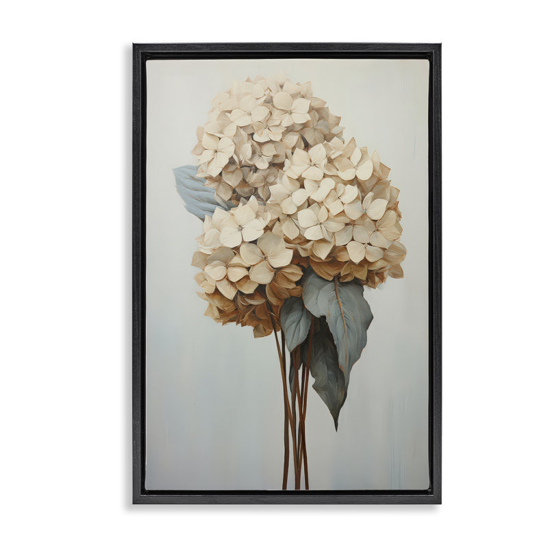 Toile flottante rétro avec fleurs d'hortensia rétro par Petals Prints Design, Cadre flottant noir de jais, H 25 po x l 17 po