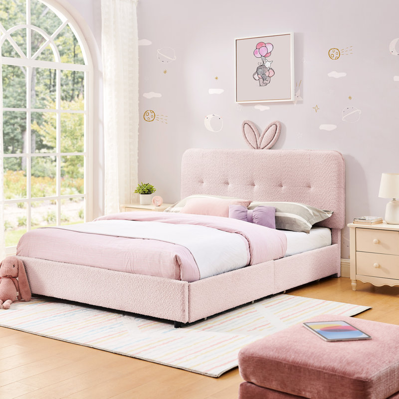 Lit double avec tête de lit pour oreilles de lapin, lumières à DEL et 4 tiroirs dans une boucle douce et respirante pour une chambre mignonne et confortable