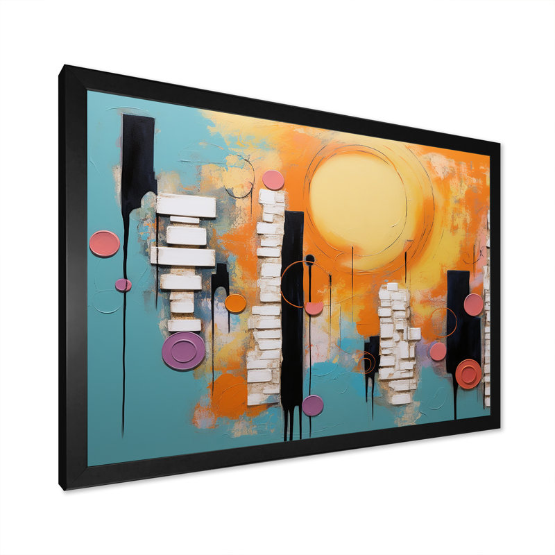 «Colorful Orange and Blue Play Forms I», art mural géométrique, Cadre d'angle fermé noir, H 24 po x l 32 po x P 1 po