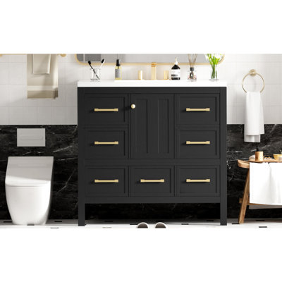 Armoire de salle de bain 36 po en résine - bois massif et portes 5 tiroirs