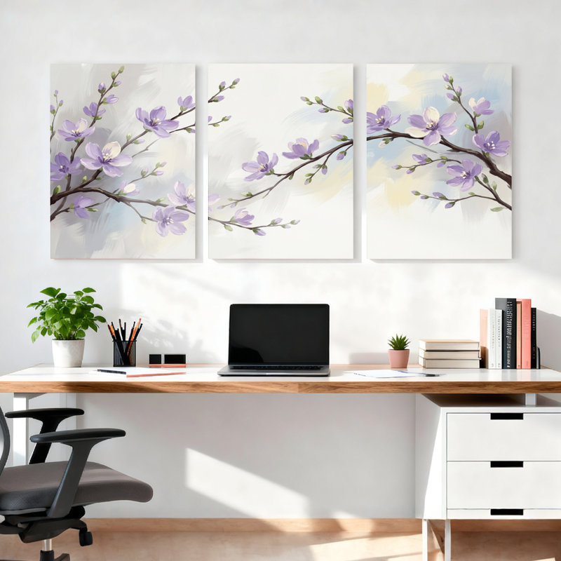 Ensemble de 3 tableaux muraux sur toile à motifs floraux de fleurs de cerisier violettes, pour la décoration du salon et de la chambre.