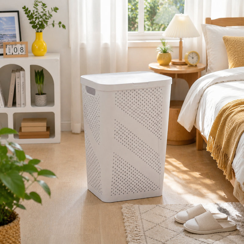 Panier à linge blanc de grande capacité de 24 pouces - Bac rectangulaire en plastique avec couvercle rabattable à charnière et trous de ventilation hexagonaux