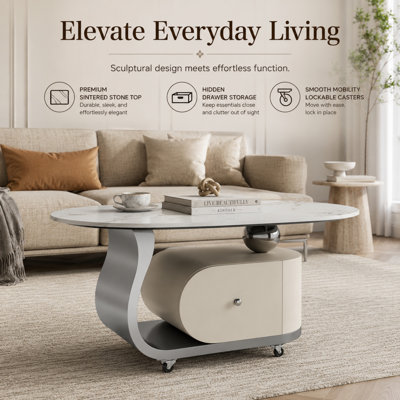 Caston 39.4" Modern Oval Sintered Stone Coffee Table with Storage Drawer, Stainless Steel Base & 4 Lockable Casters