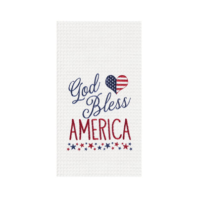 God Bless America July Fourth Embroidered Waffle Weave Kitchen Towel