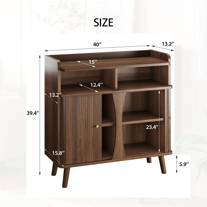 Buffet Mid-Century moderne de 39 po avec portes coulissantes à volets roulants, armoire à café en noyer avec tablettes réglables
