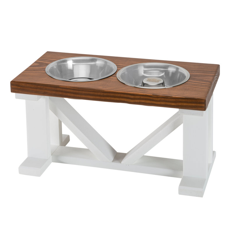 Farmhouse Style 2-Bowl Pet Elevated Slow Feeder, White/Chestnut, 12"