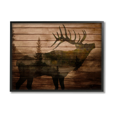 " Forest Elk Silhouette Rustic Plank Pattern Tree Landscape " by Kim Allen