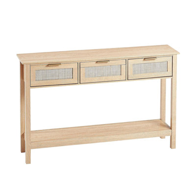 Console en rotin avec 3 tiroirs de rangement, table d'entrée en rotin avec porte coulissante en rotin naturel, table console pour salon, bureau, entrée ou mur de télévision, naturel