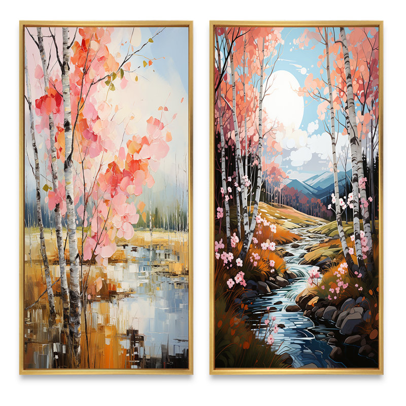 Birch Woods Spring Awakening - ensemble de 2 reproductions, Encadrement doré, H 20 po x l 24 po