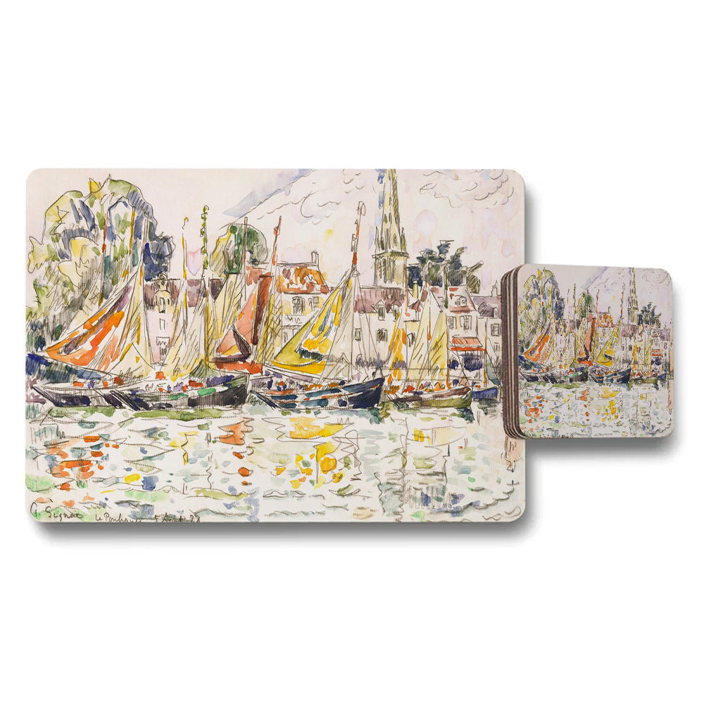 Impressionist Harbor Boats Placemat And Coaster Set Artwork