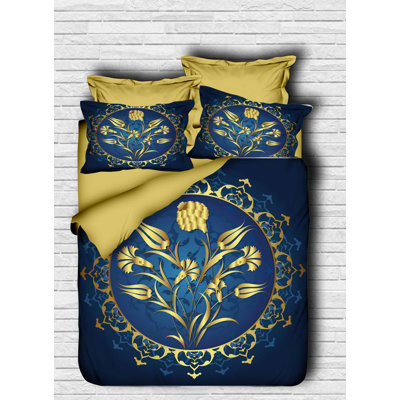 Luxury King Quilt Cover Set, Gold & Blue, 94.5 x 86.6 inches | 100% Polyester Microsatin Upper, 100% Cotton Underside | High-Quality 3D Print, Zipper Closure, Machine Washable | Soft & Stylish Bedding for Elegant Bedrooms