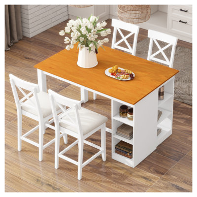 TOPMAX Farmhouse Counter Height Dining Table Set, 5-Piece Solid Rubberwood Configuration for 4, White Finish, Rectangular Kitchen Gathering Space