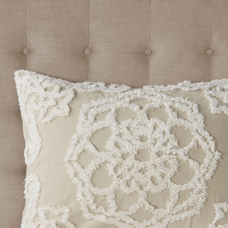 King Beige Cotton Chenille Medallion Fringe Coverlet Set