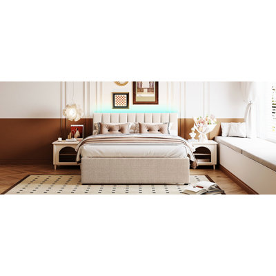 Beige Fleece Upholstered Platform Bed With Twin Xl Trundle - And Comfortable For A Relaxing Bedroom Experience Restful