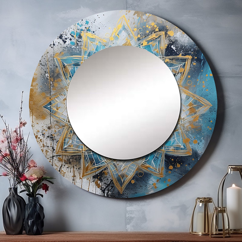 Phalla bleu et or Mandala II - grand miroir mural Mandala Boho, miroir rond bleu unique, impression d'art en métal