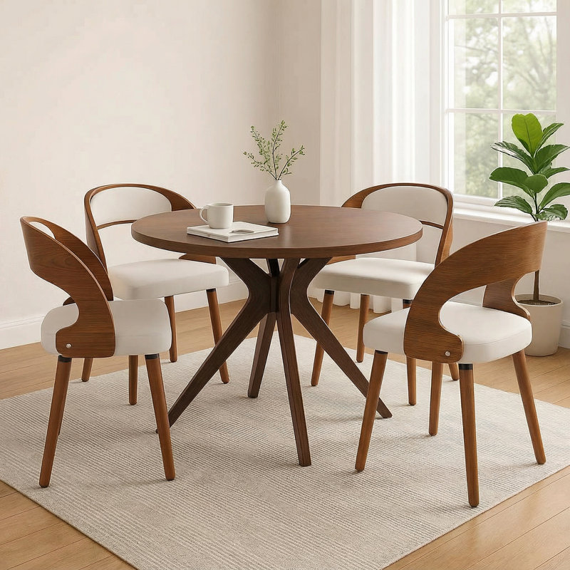 47.2-inch Round Wooden Dining Table with 4 Upholstered Chairs Set (Seats 4-6), Mid-Century Style Dining Table, Base-Style Dining Table Set Suitable for Kitchens and Dining Rooms
