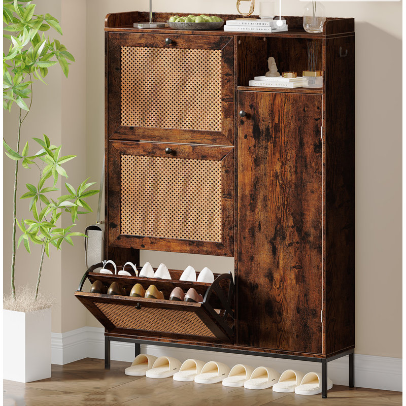 28 Pair Shoe Storage Cabinet, Brown Wood
