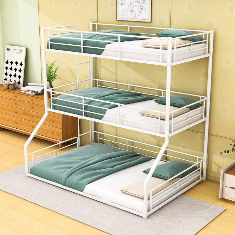 Élégant lit superposé triple en métal avec échelle, garde-corps de sécurité et conception à réduction de bruit, Lit simple