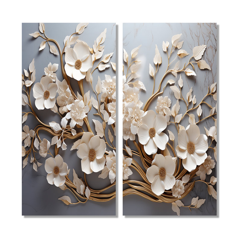 Orchidée blanche jardin de branches 7 - art mural doré, 40" H x 40" W, Wrapped Canvas, Does Not Apply