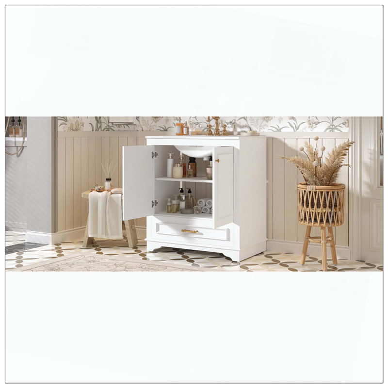 Luxurious Bathroom Vanity Ceramic Sink 2 Large Soft-Closing Doors Solid Wood, White