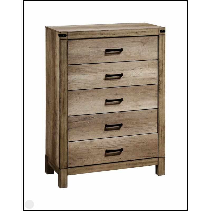 Commode contemporaine à cinq tiroirs avec construction en bois massif et finition en mélamine brune pour une élégance rustique et beaucoup de rangement