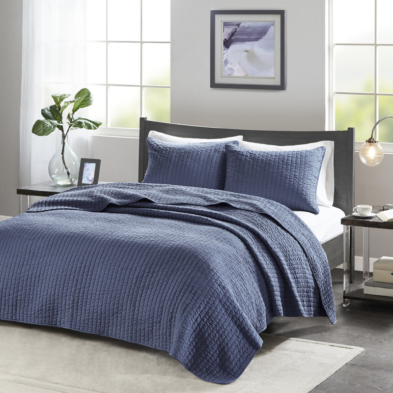 Full/queen Navy 3 Piece Quilt - Microfiber, Cotton Fill, Reversible, Improves Bedding Hygiene And Appearance Reversible For Enhances Durability