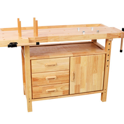 Établi professionnel en bois d'hévéa de 50 po avec 3 tiroirs et une porte d'armoire. Idéal pour le travail du bois, la fabrication de bijoux, les projets de bricolage de garage à installation rapide. Tiroirs, 1 porte, tablette ouverte, design