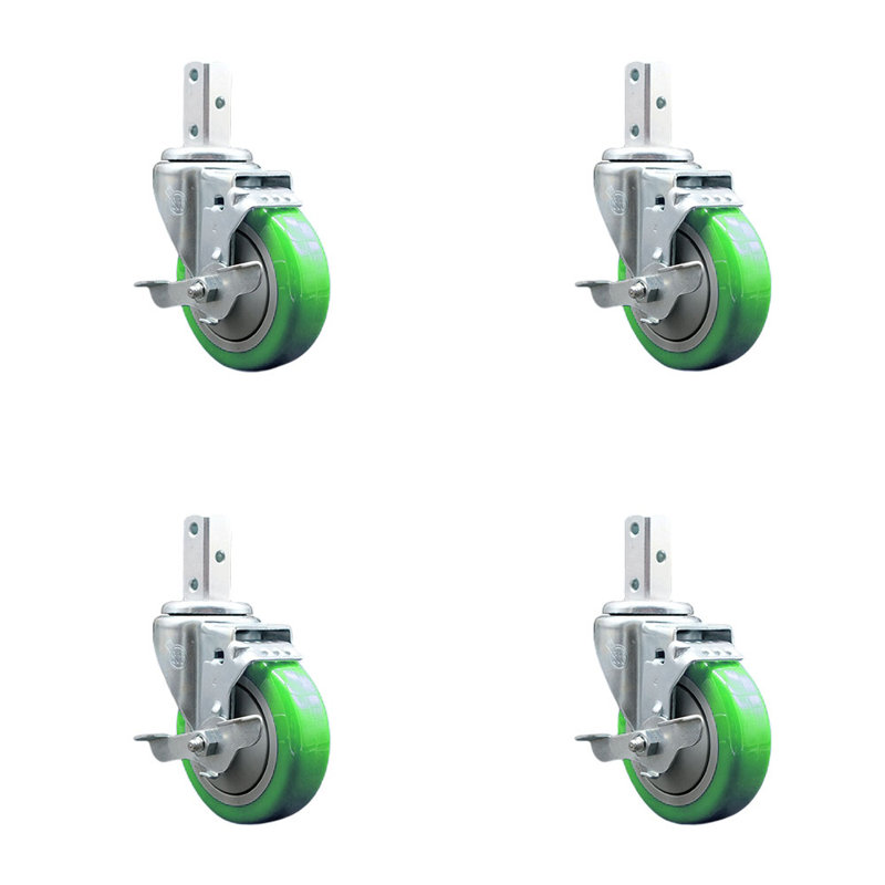 4 Inch Yellow Poly Wheel Swivel 7/8 Inch Square Stem Caster Set with Brake SCC, Green