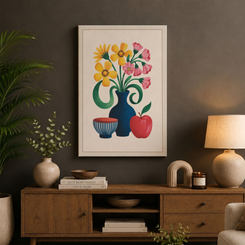Flowers in Bloom Mid-Century 1 Piece Wrapped Canvas Wall Art, 36x24 - 91.4 x 61.0 cm, Ochre Border