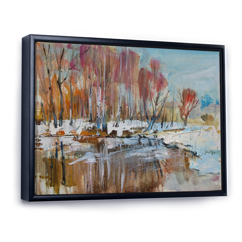 Forêt d'automne aux bouleaux III - Peinture sur toile, H 16 po x l 32 po x P 1 po, Cadre flottant noir