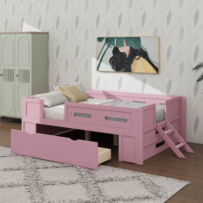 Lit plateforme double avec barrière de sécurité et tiroir, cadre de lit en bois conçu pour les enfants, avec des lattes en bois