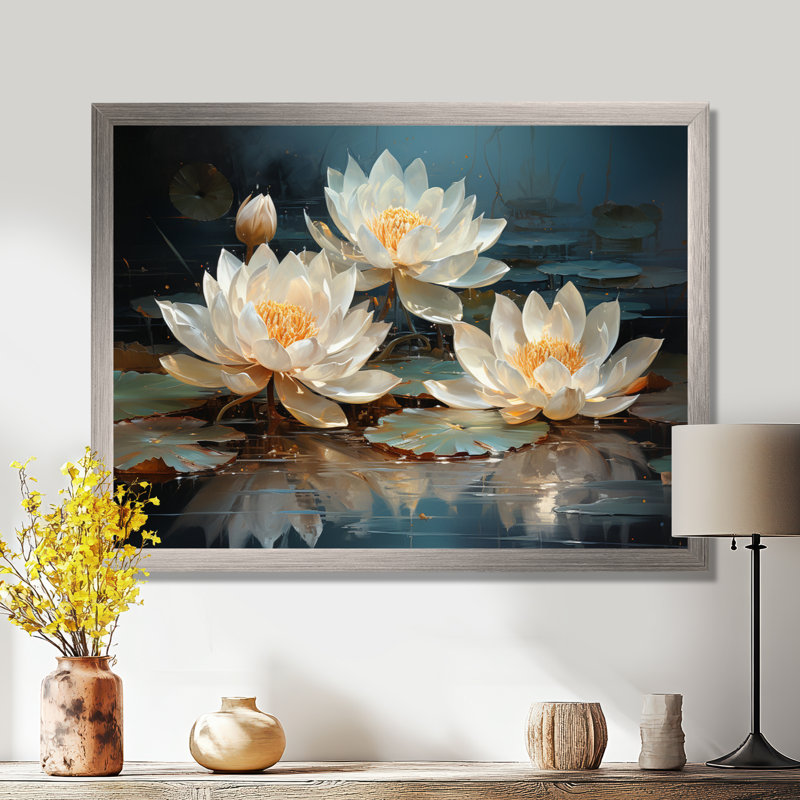 Fleurs de lotus baignées au clair de lune - Art sur toile de lotus, H 30 po x l 40 po x P 1,5 po, Cadre simple argenté