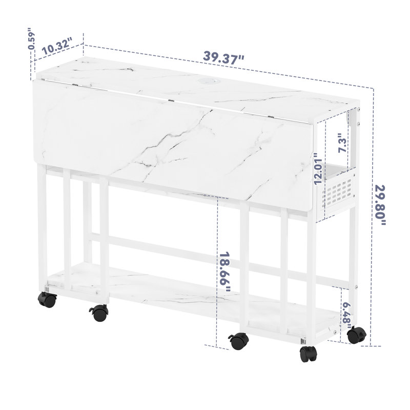 Mobile Foldable Computer Desk, White Marbling/White