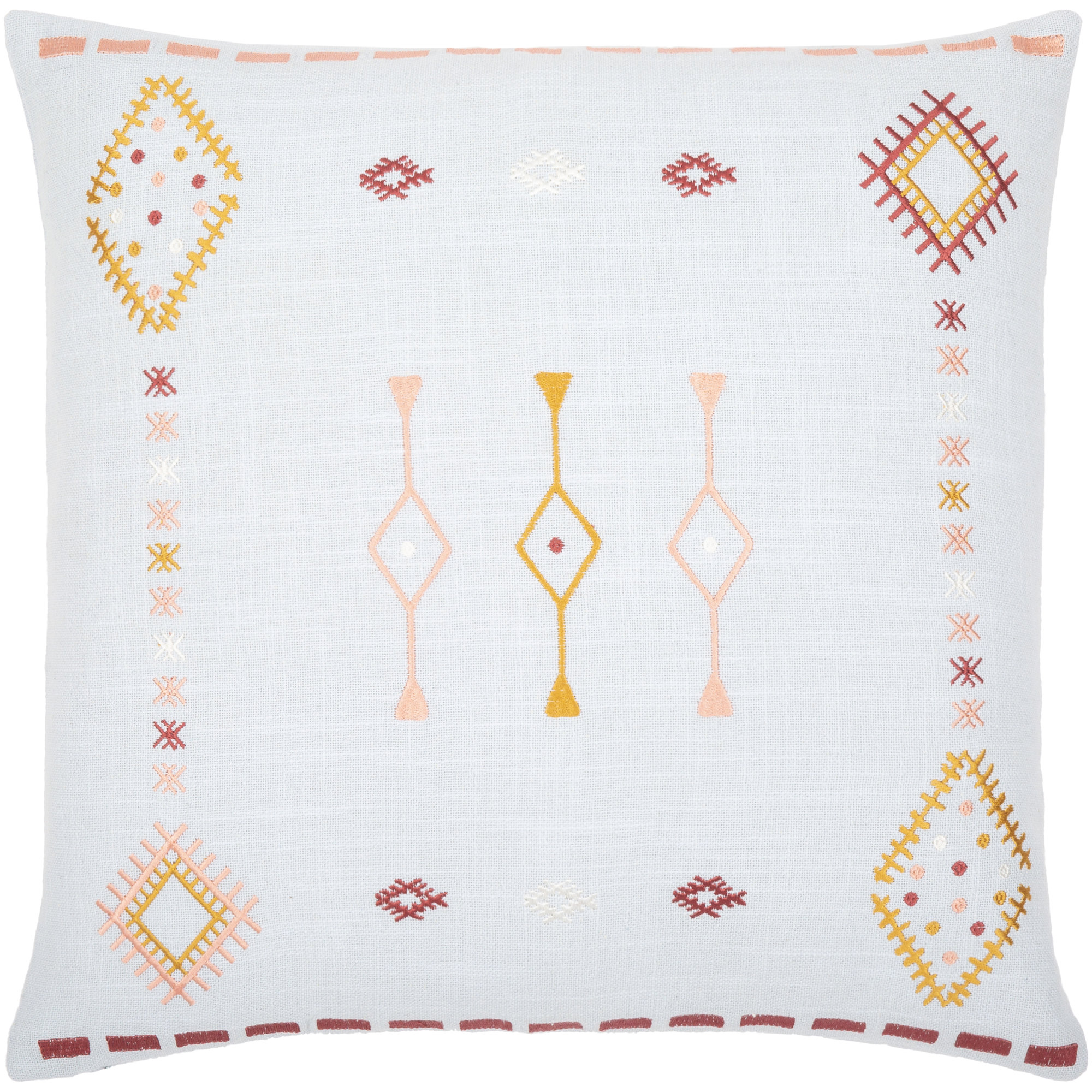 Gwyn Embroidered Cotton Pillow Cover, 22" x 22", Pale Blue/Mustard/Dusty Pink