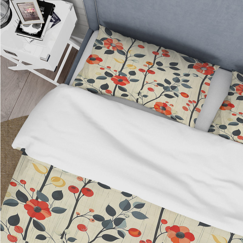 Ensemble de housse de couette orange vert floral Harmony - Mid-Century, Housse de couette très grand + 2 taies décorativ