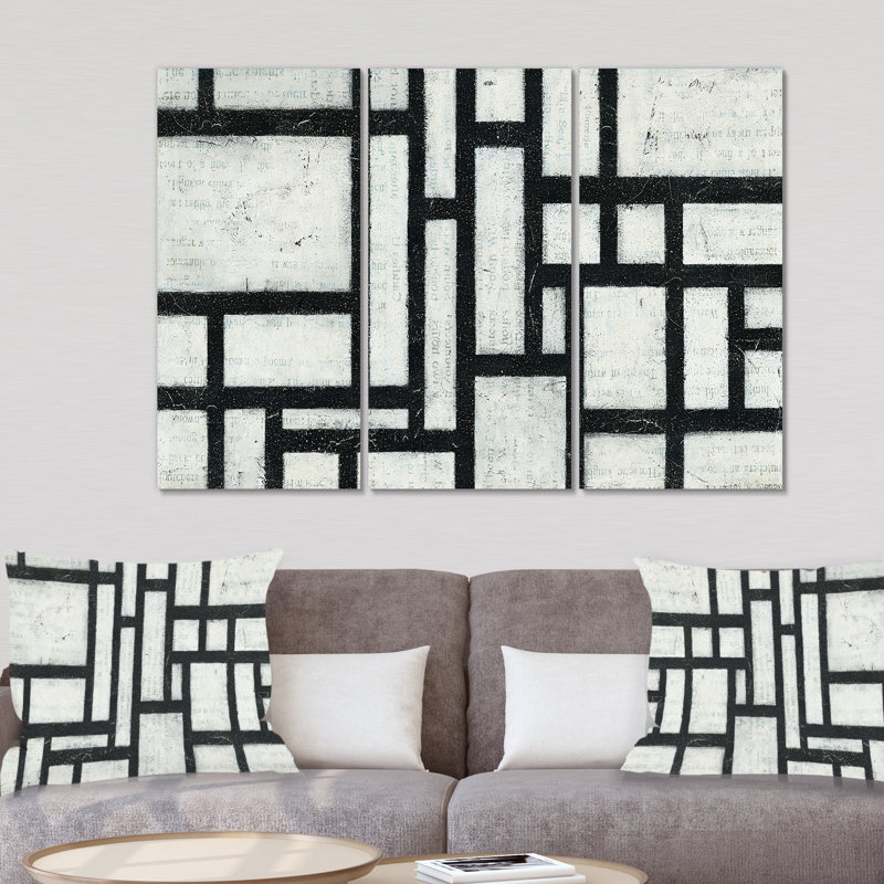 " Black And White Labyrinth Geometric " 3 - Pieces, 28" H x 36" W x 1" D