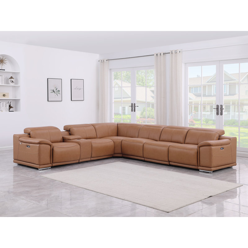 Harwyn 138" Wide Genuine Top Grain Italian Leather Symmetrical Reclining Corner Sectional, Cognac Genuine Leather