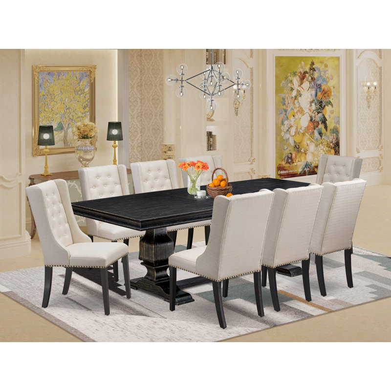 9-piece modern dining set consists of a wooden table and 8 Cream Linen Fabric dining chairs with Button Tufted Chair Back - Sand Blasting Black.