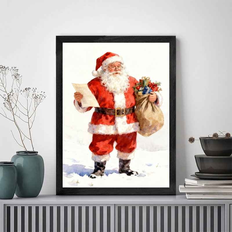 Père Noël noir encadré noir avec poignées de lettres des Fêtes, art mural, réalisme aquarelle, impressions encadrées