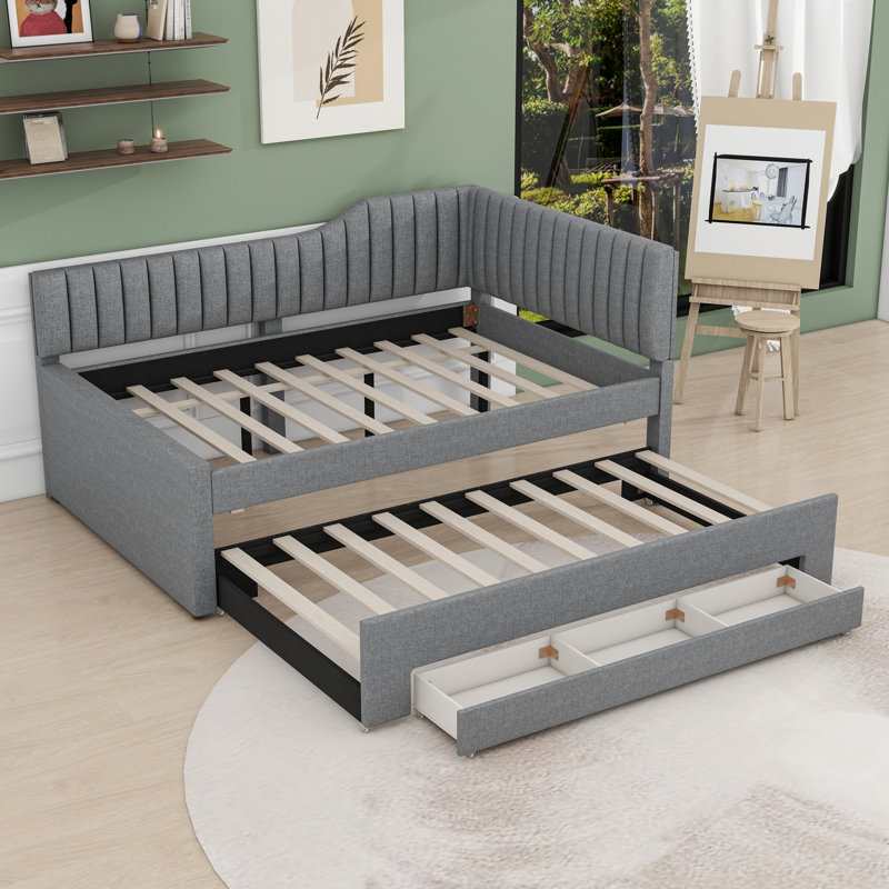 3 Drawers Upholstered Daybed with Twin Trundle, Gray, Full/Double
