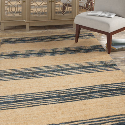 Hedman Hand Knotted Jute/Cotton Striped Rug in Beige/Brown/Blue